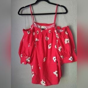 Women's Puff Elbow Off Shoulder Sleeve Blouse - Universal Thread Red Floral XL